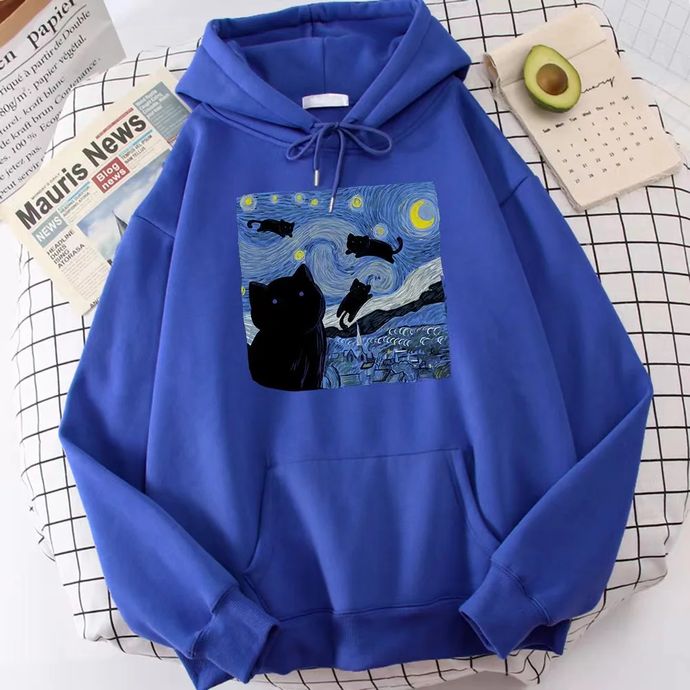 

2024 New hooded hoodie men's and women's cat and Van Gogh star communication long-sleeved hoodie