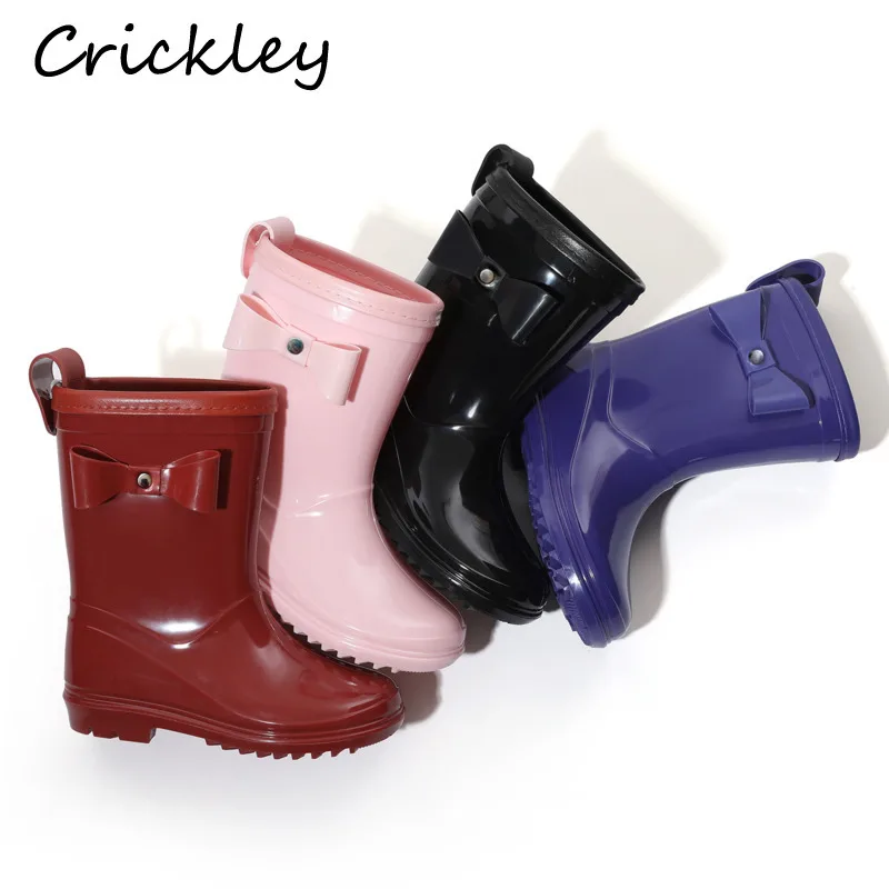 Cute Bow Solid Kids Rain Boots PVC Waterproof Girls Ankle Water Shoes Fashion Anti Slip Children Rainboots