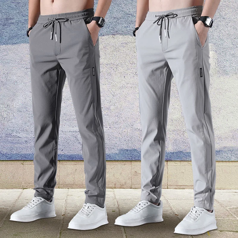 Summer Thin Ice Silk Slim Fit Pants For Men'S Elastic Straight Leg Jogging Breathable Sports Pants, Business Casual Pants