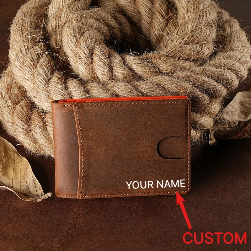 RFID Blocking Men's Wallet Genuine Leather Full Grain Cowhide Card Holder Personalized Engraved Coin Wallet
