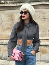 Clacive Fashion Slim Gray Women Shirt 2025 Sexy Lapel Long Sleeve Shirts Elegant Classic Tie Crop Top Female Clothing Streetwear