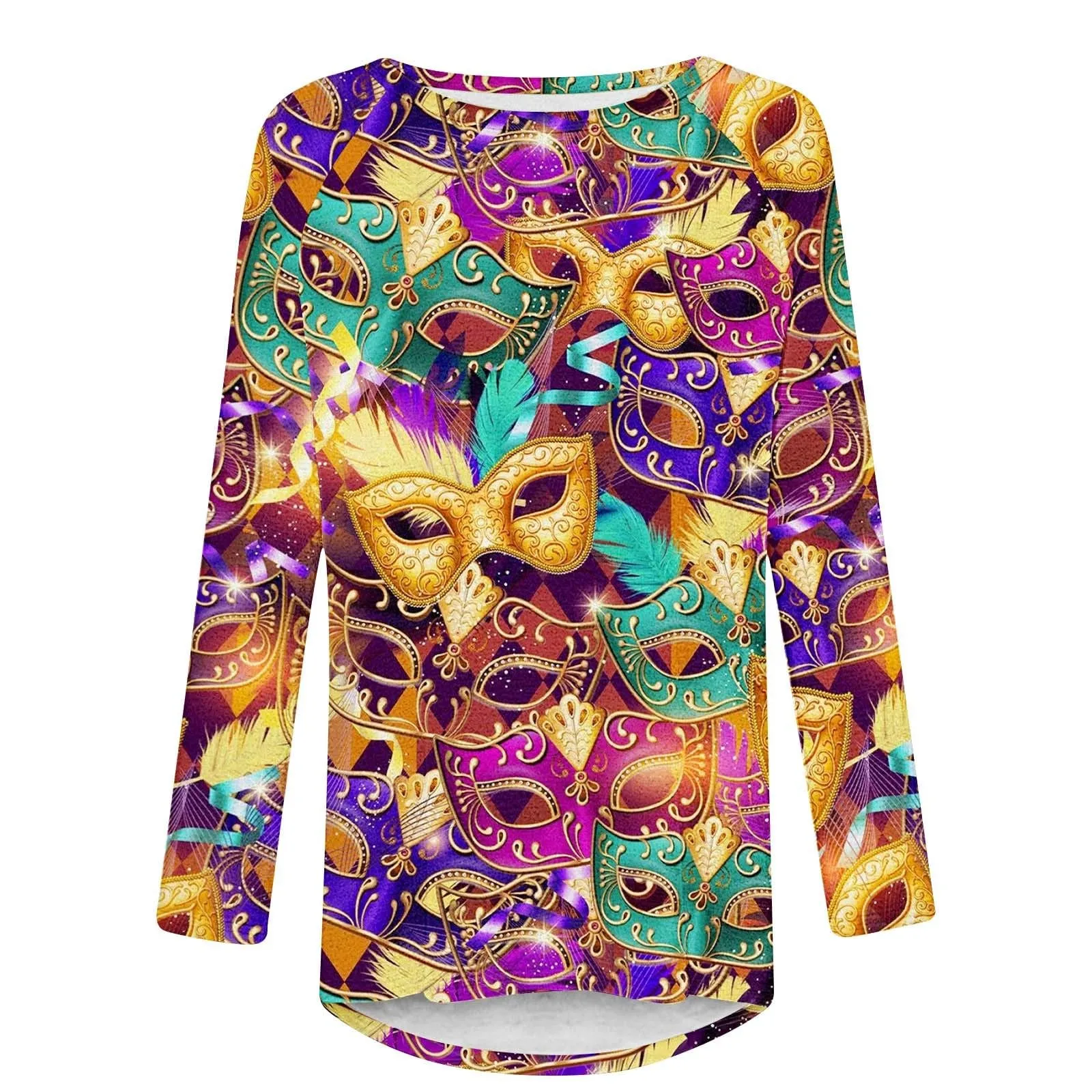 Carnival Colorful Mask Feathers Print Women T Shirt Mardi Gras Oversize Loose Long Sleeve Round Neck Tops 3D Print Hawaiian Tees