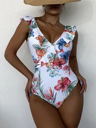 Sexy Micro Bikini One Piece Swimsuit Women 2024 Swimwear Vintage Bathing Suit Shoulder Ruffle Swmiming Suit Backless Monokini