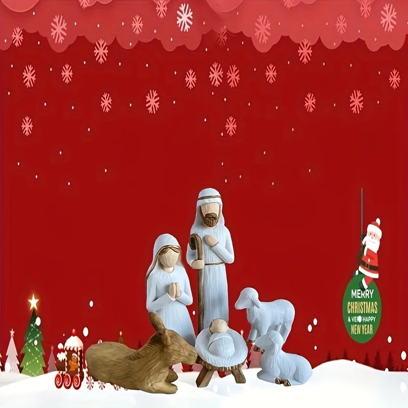 6PCS Christmas Nativity Scene Resin Figurines, Holy Family with Baby Jesus, Sheep & Donkey Religious Table Decor Gift