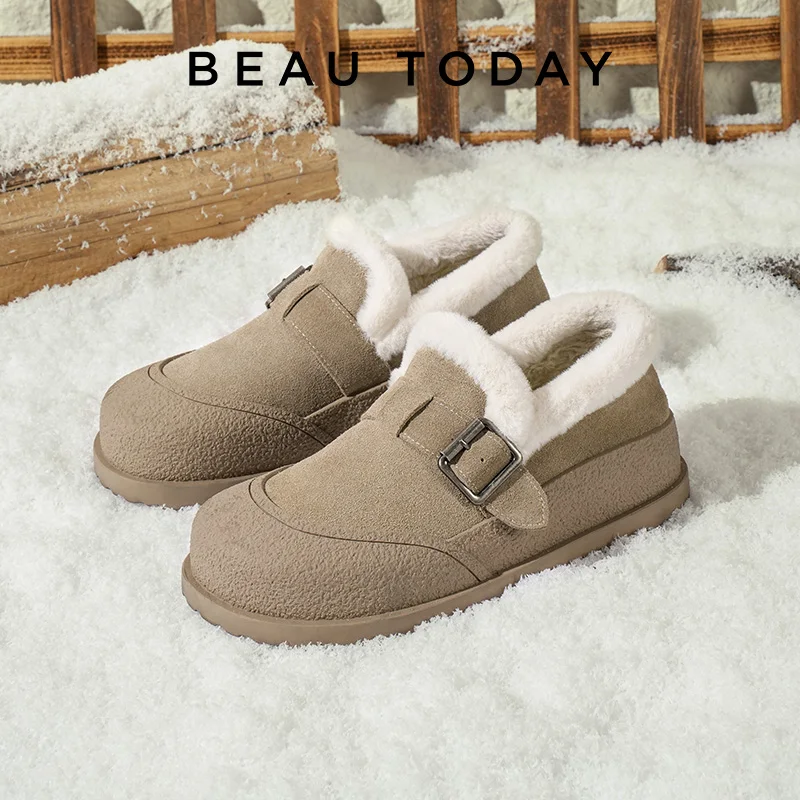 BEAUTODAY Winter Shoes Women Cow Suede Round Toe Buckle Design Warm Short Plush ladies Flat Shoes Handmade 22814