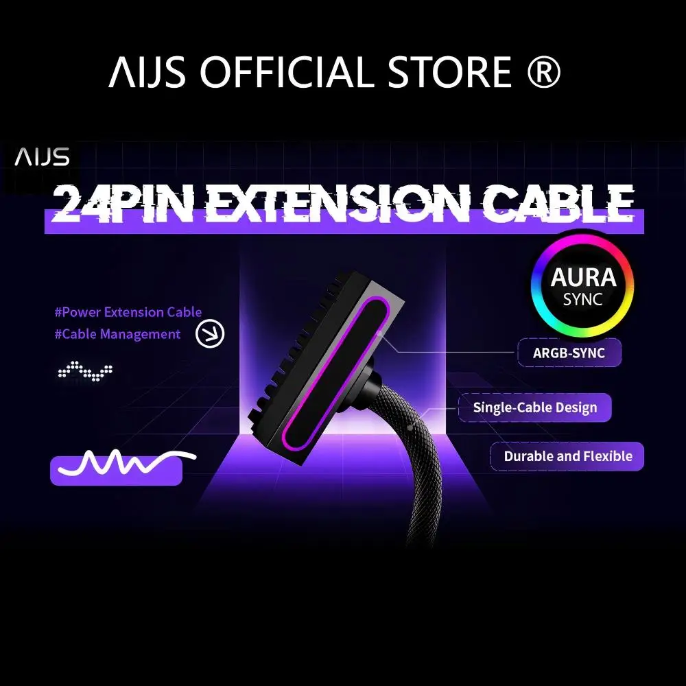 AIJS 24pin ARGB Extension Cable, PC Motherboard Power Cable 18AWG 90° Right-Angle Design Male-to-Female