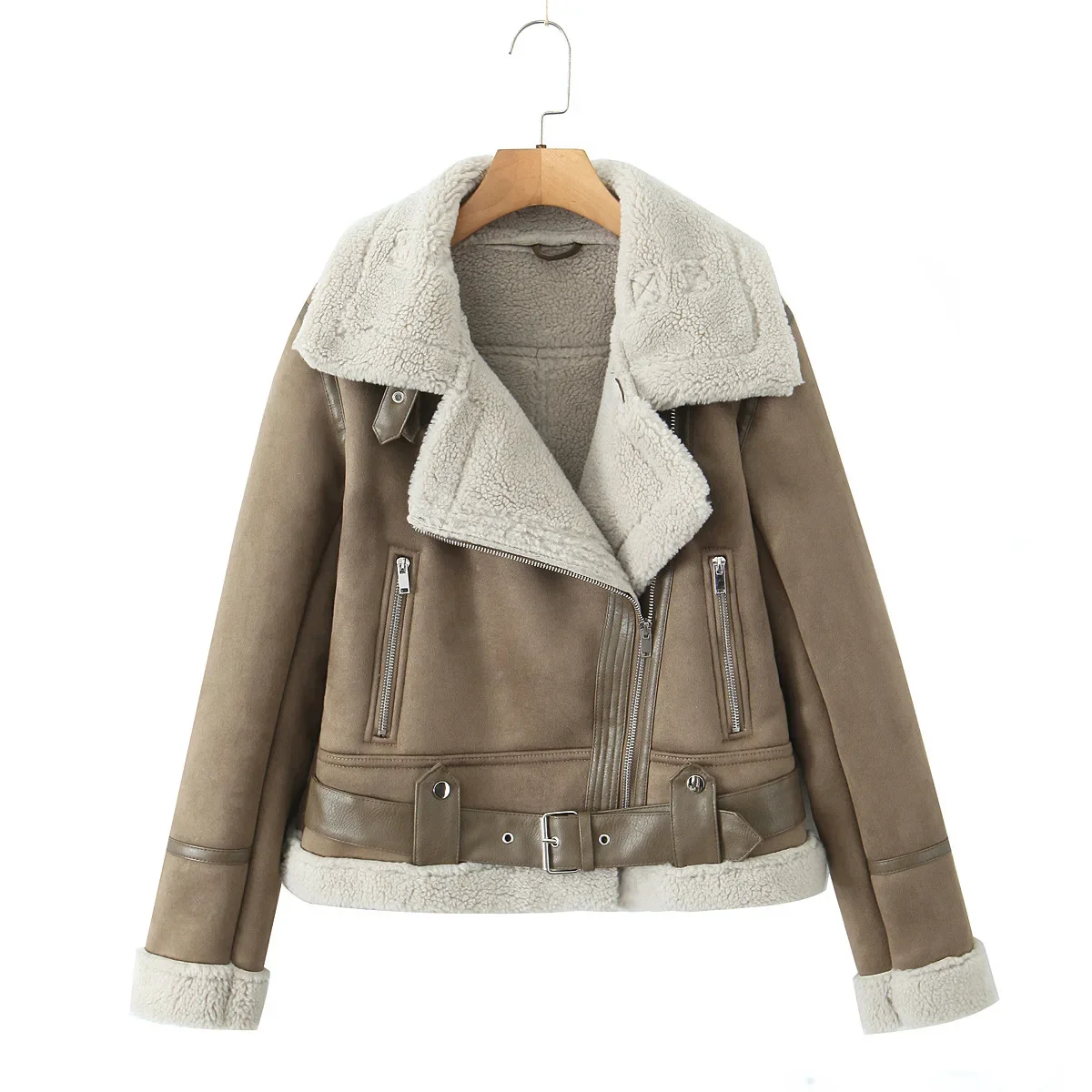 Amazon Cross-Border Novinka Podzimní/zimní semišová kožená bunda s fleecovou podšívkou a integrovaným límcem - náhled 5