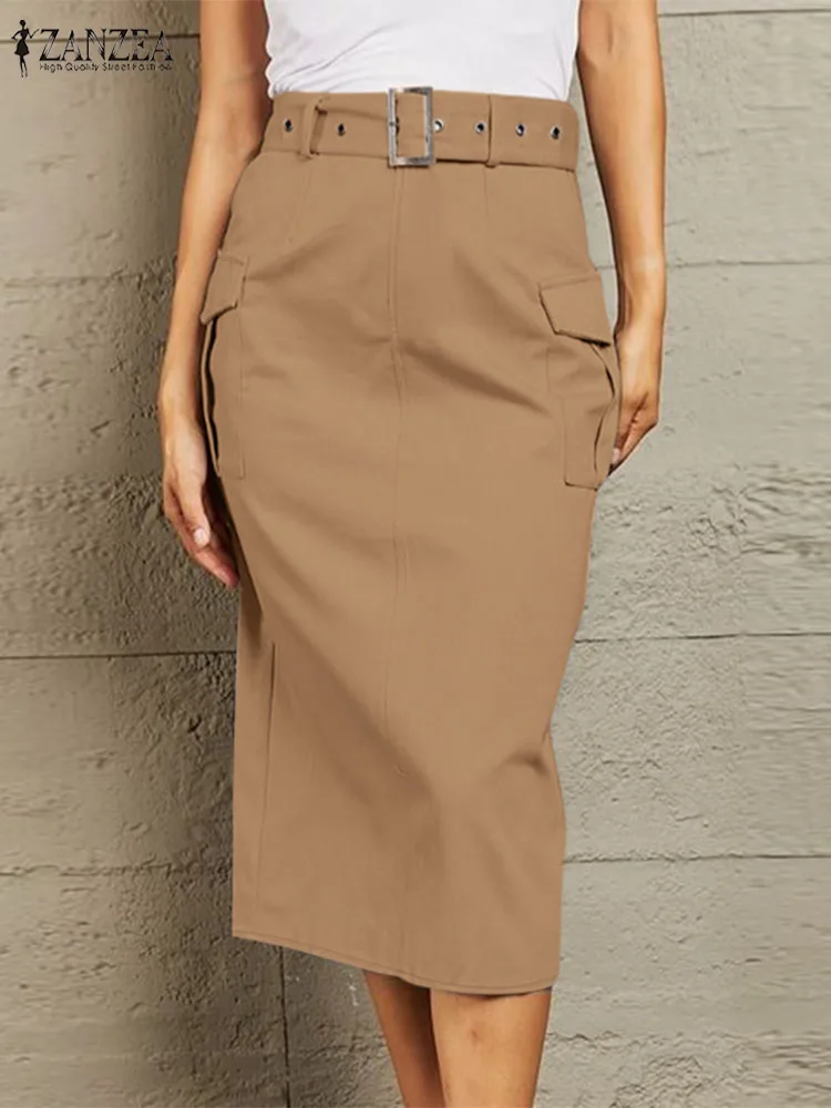 ZANZEA Elegant Streetwear Pencil Skirts Solid Color Commute Women Belted Knee-length Skirt Work Wear High Waist Faldas Mujer