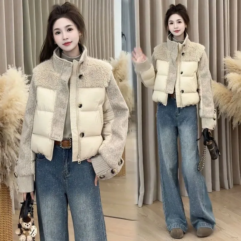 2026 Winter Female Korean Stand-up Collar Splicing Contrasting Color Short Down Cotton Coat Women's New Fashion Warm Down Jacket