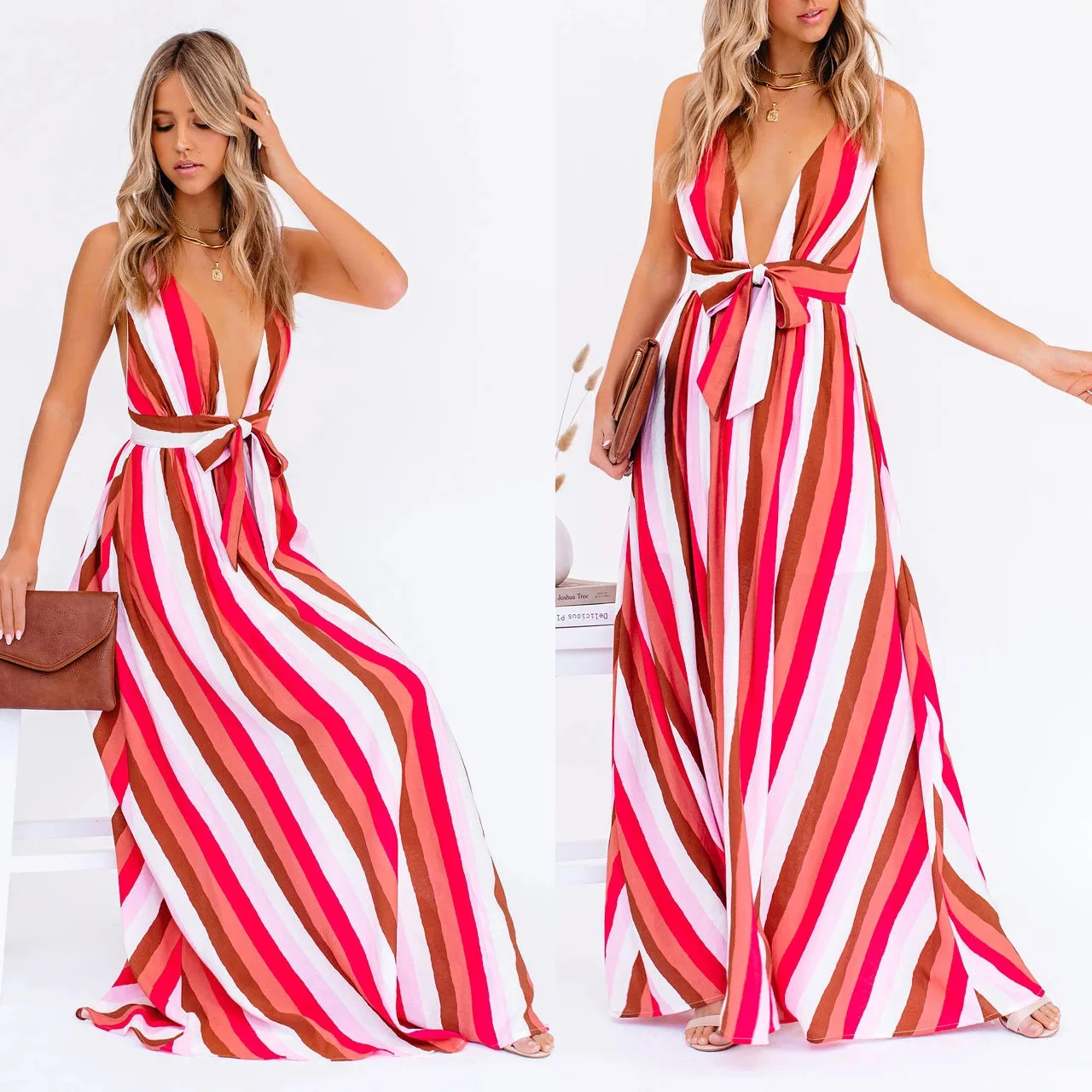 Mulheres nova sexy cinta sem mangas profunda v listra vestido casual casa solta rendas grande balanço vestido