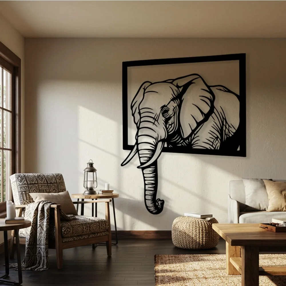 Flat Elephant Head Metal Wall Art, Laser‑Cut Iron Silhouette, Powder‑Coated Rust‑Resistant Safari Wildlife Wall Decor