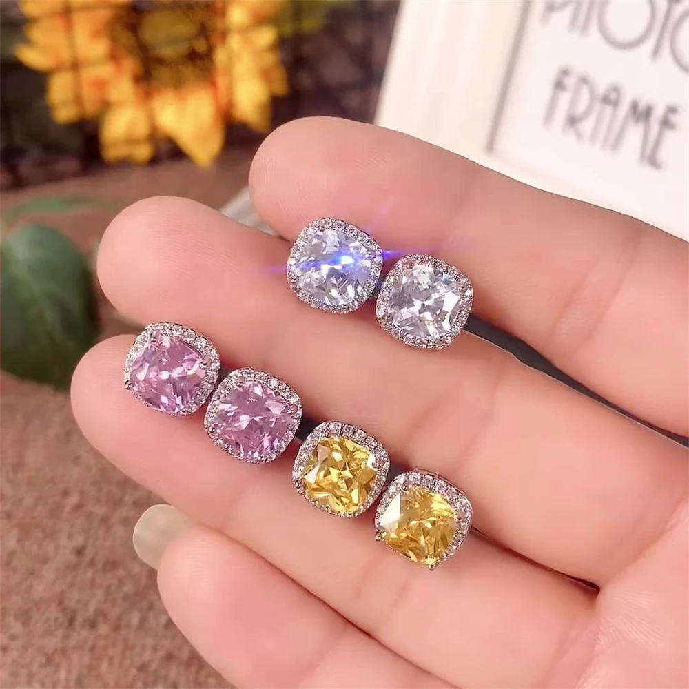 

Luxury Female White/Yellow/Pink/Purple CZ Stud Earrings For Women Fashion Silver Color Wedding Engagement Jewelry Accessories