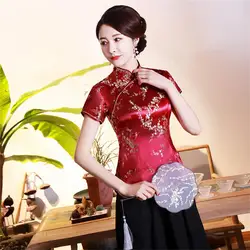 여성용 치파오 셔츠, 중국 스타일, 매화 프린트, 절묘한 버클, 스탠드 칼라, 결혼식용 치파오 탑, 여름 가을