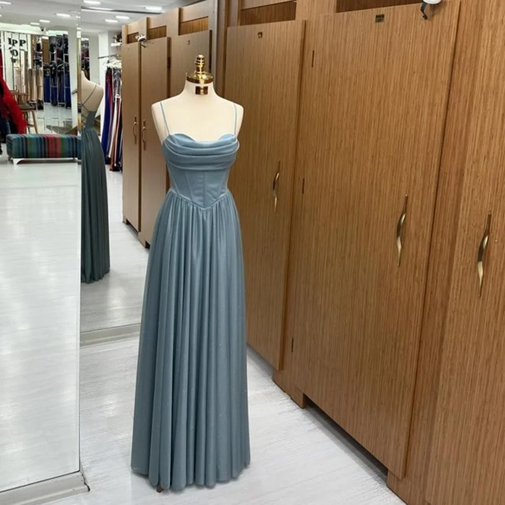 

Fashion Spaghetti Straps Satin Solid Pleated Prom Party Dress Lace up A-line Long Evening Prom Gown vestidos de festa