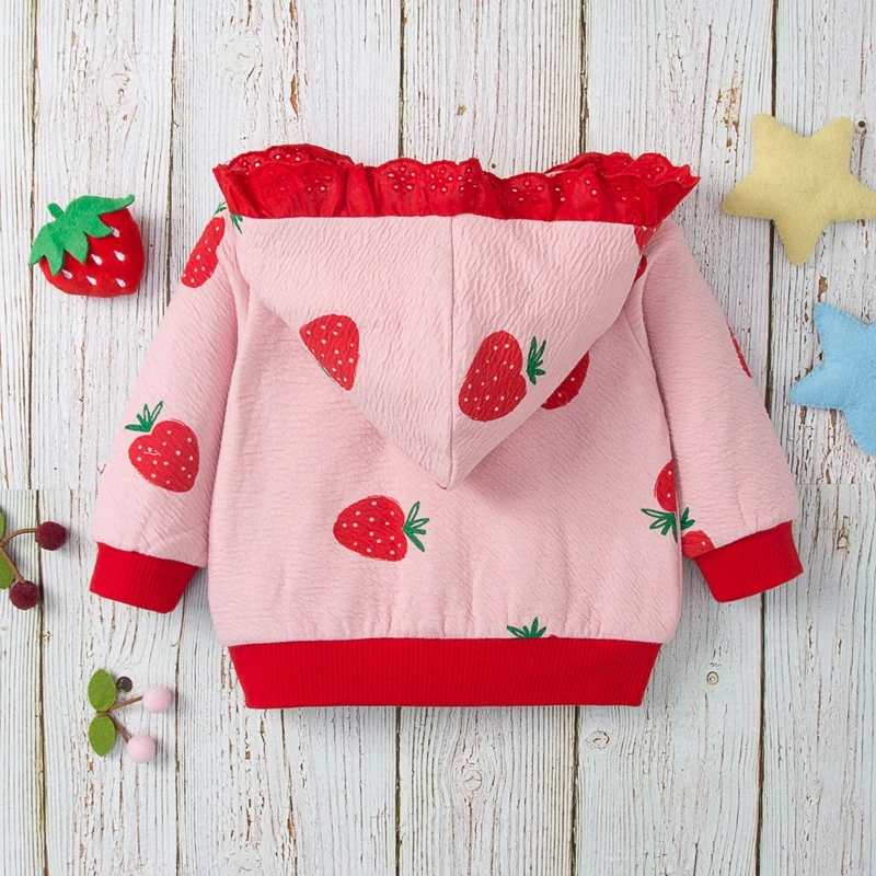 Super Cute Strawberry Print Thickened Warm Hooded Jacket for Girls, Spring and Autumn Style, Baby Fleece-Lined Outerwear C21785
