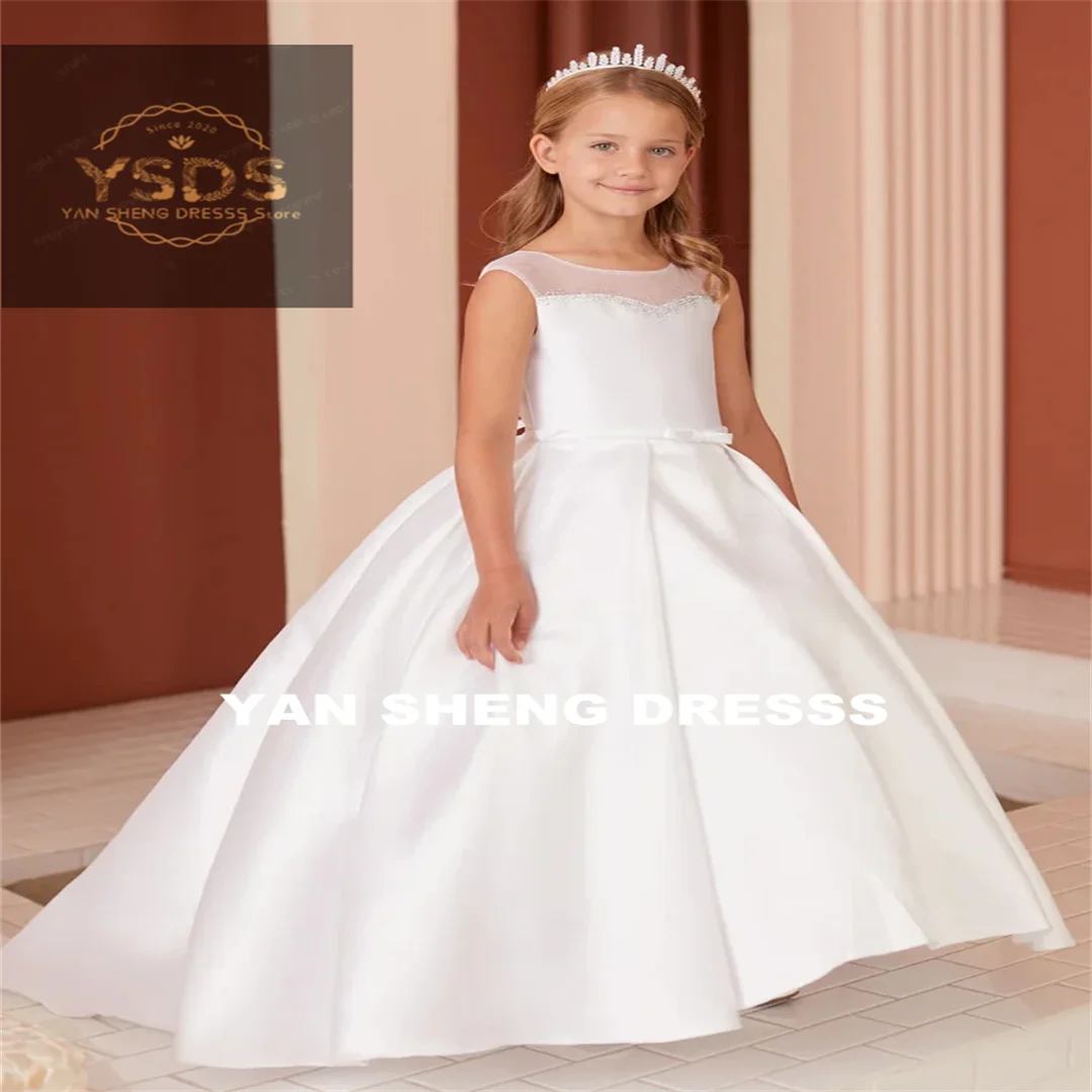 Customized Flower Girl Dresses White Satin Diamond Neck With Bow And Tailing Sleeveless For Wedding Birthday Party Banquet Princ