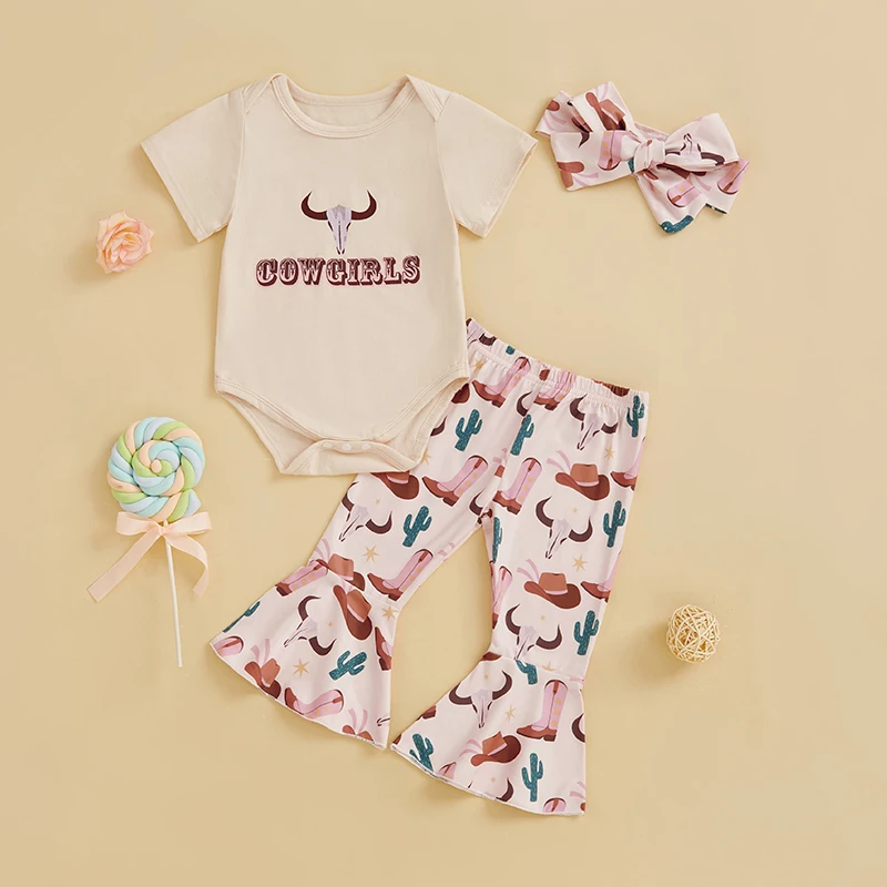 0-18M Baby Girl Outfit Letter T-Shirt+Cattle Head Bell Boots Cowgirl Hat Pants+Headband Summer Clothes Set