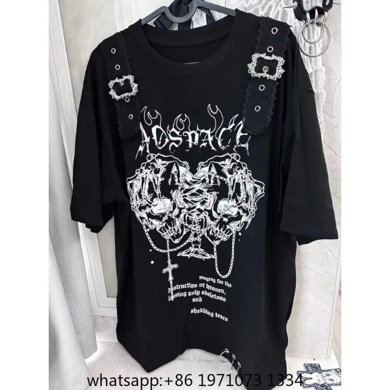 Yabi Hottie Gothic Dark Vintage Tops Subculture Y2k Print Short Sleeves Loose T-shirt Women Black Casual Clothes 2000s Chic Tees
