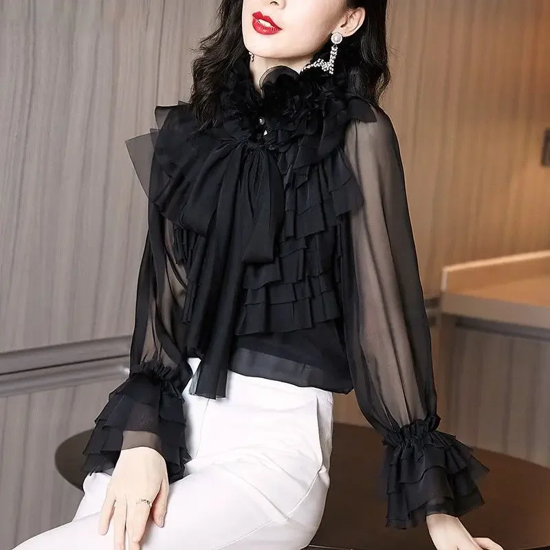 

Elegant Bow Gauze Flare Sleeve Shirt Women's Clothing 2024 Spring New Commuter Tops Office Lady Ruffles Blouse
