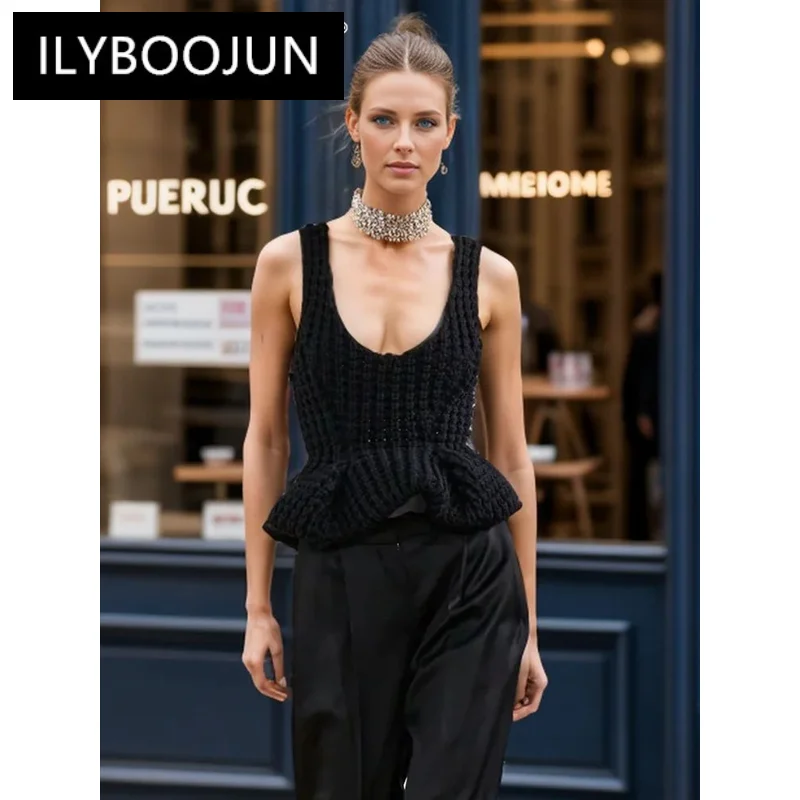 

ILYBOOJUN Solid Minimalist Slimming Vest For Women Square Neck Sleeveless Backless Patchwork Ruffles Tank Top Female Fashion