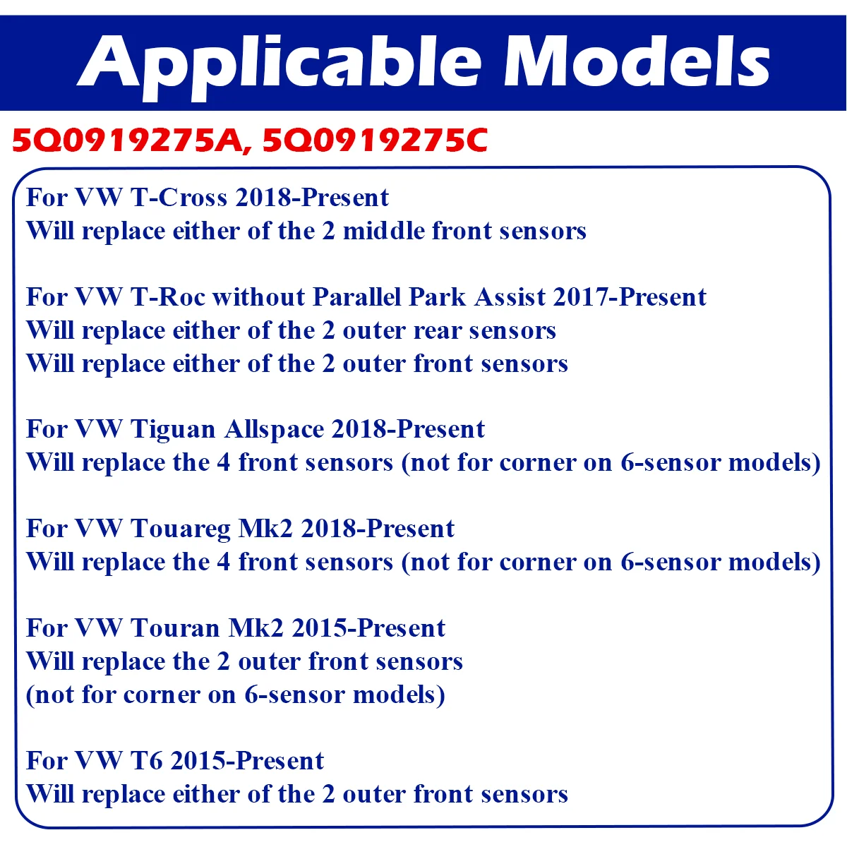 PDC 주차 센서, 폭스바겐 티구안 투란 투아렉 골프 Mk7 제타 아르테온 아마록 T-Roc T-Cross T6 2015 2016 2017 2018, 5Q0919275C