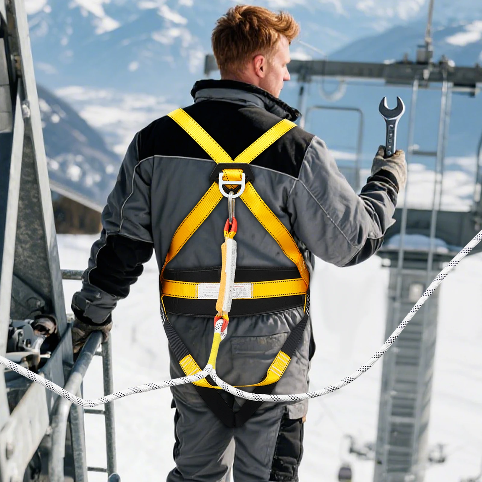 حزام أمان للحماية من السقوط لكامل الجسم، حزام أمان 5 نقاط مع حبل، نظام إيقاف السقوط بسعة 4850 رطلًا للبناء