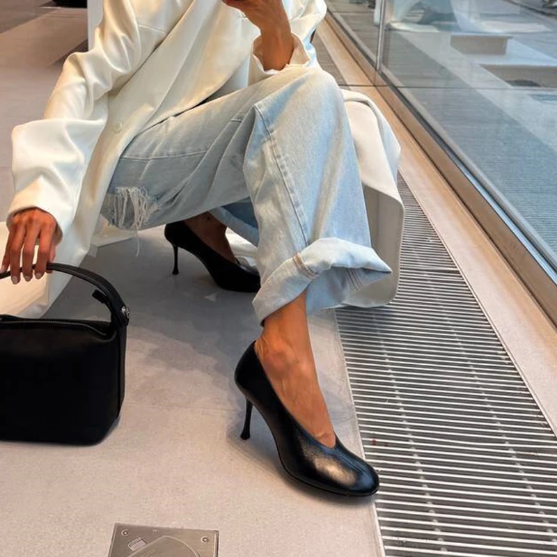 Women's Real Leather Round Toe High Heel Pumps - Sizes 34-43