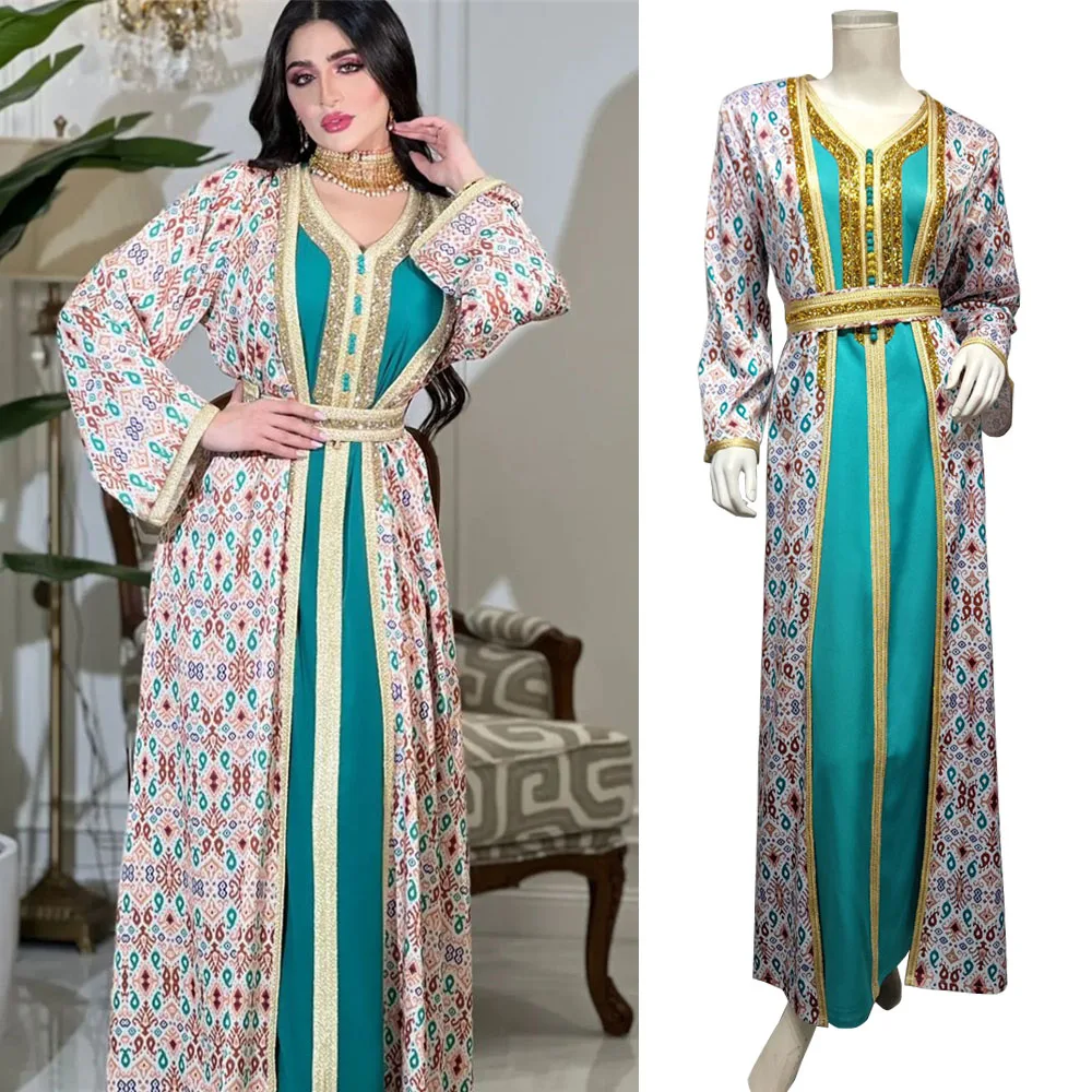 

Eid Muslim Dress Jalabiya Middle East Women Two Piece Dresses Arab Dubai Print Abaya Moroccan Kaftan Arabic 2024 Corban Festival