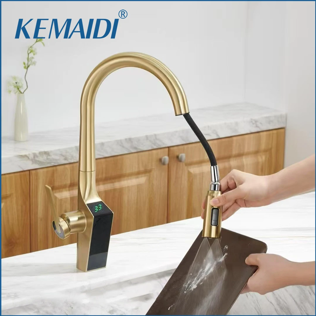 

KEMAIDI Digital Display Kitchen Faucet Brass Pull Out Faucets Tap Hot Cold Water Mixer 3 Functions 360 Swivel Sink Faucet Taps