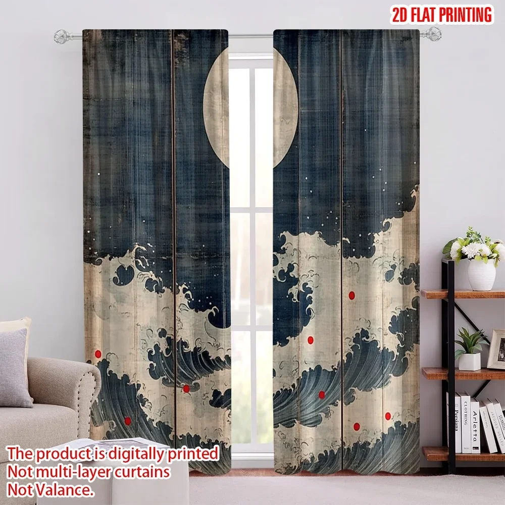 2pcs Blue Wave Curtain Pair Ocean Digital Print Japanese Style Window Curtains for Living Room Bedroom Home Decor