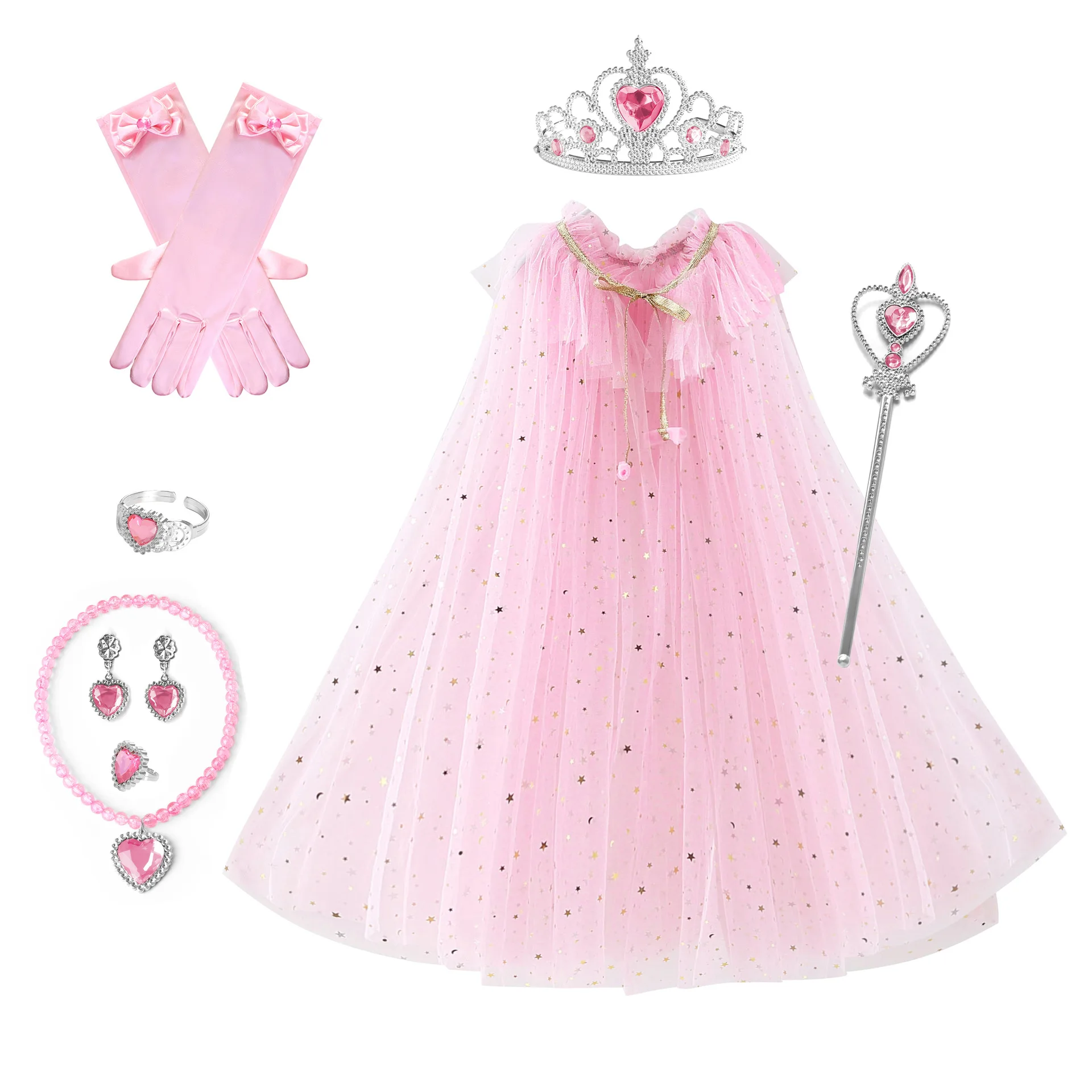 

Fancy Girls Princess Pink Aurora Long Cloak Fancy Fairy Cinderella Belle Aurora Rapunzel Gloves+Cloak+Jewelry Party Costumes