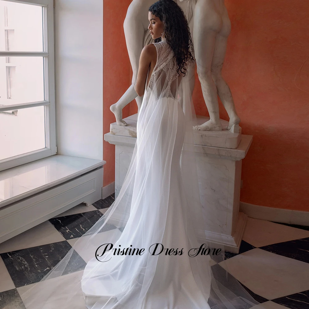 Romantic Watteau Train Jersey Wedding Dress for Brides High Neckline Sleeveless Side Slit Sheath Saudi Bridal Gowns with Beading