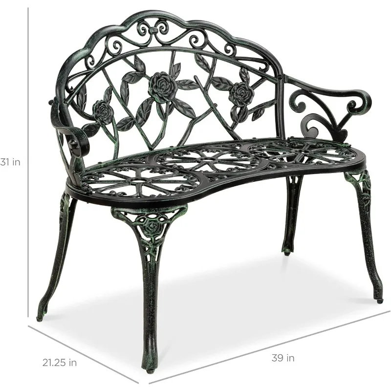 Outdoor Bench Steel Garden Patio Porch Loveseat Furniture for Lawn, Park, Deck Seating w/Floral Rose Accent