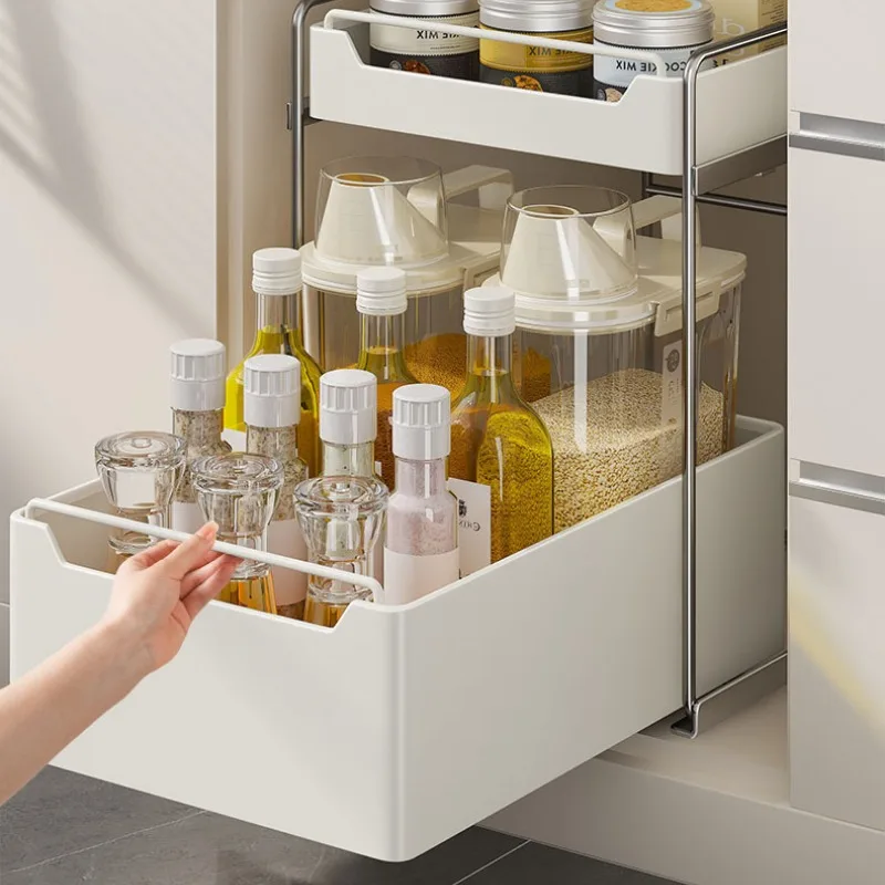 Pull-Out Type Dish Countertop Cabinet Organizer Under Sink 2 Layer Storage Racks Sliding Seasoning Bottle Holder Shelves Kitchen