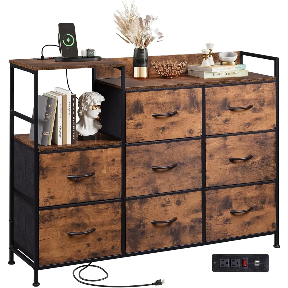 

Dresser TV Stand for Bedroom with Charging Station, Wide Storage Chest of Drawers with 8 Large Fabric Drawers and Open Shelves