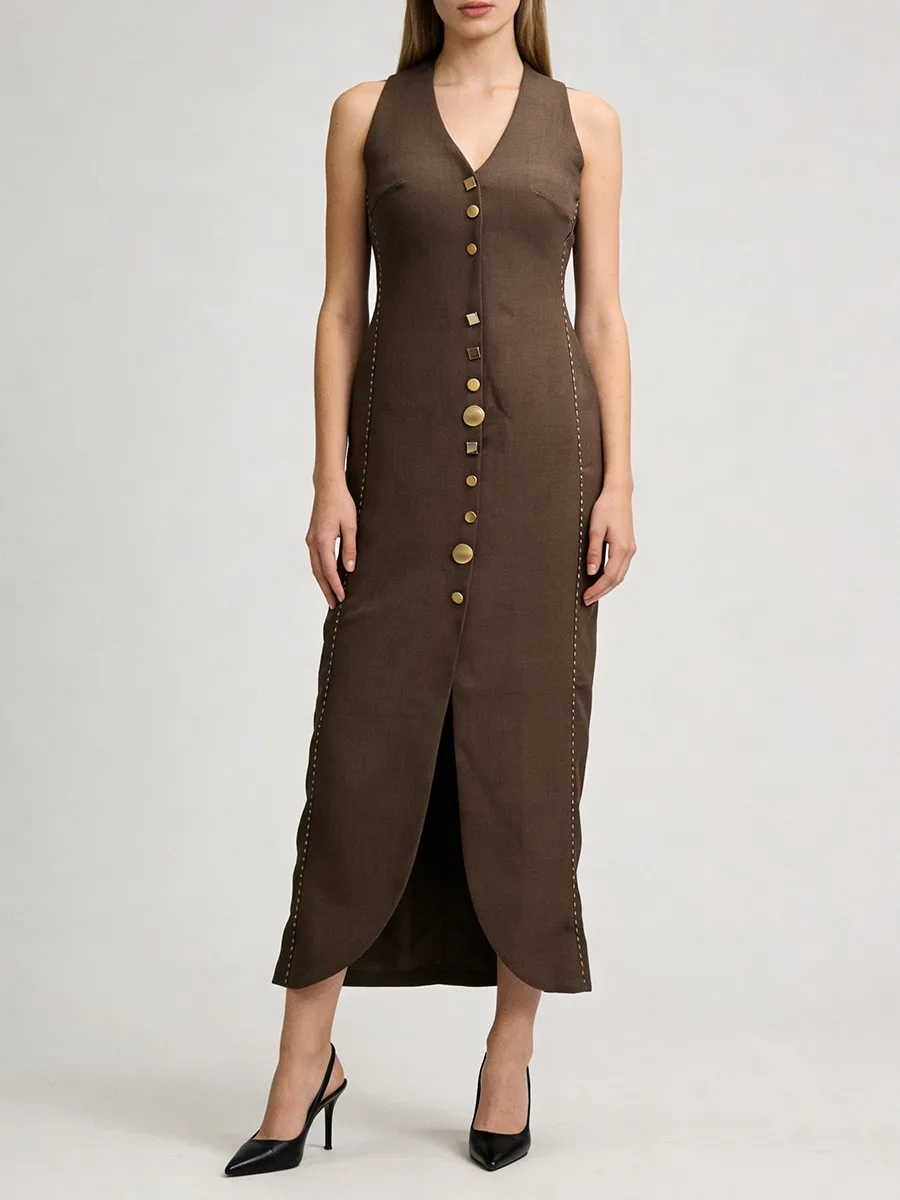 

Однобортные платья миди с высоким разрезом для женщин, летние халаты без рукавов с v-образным вырезом, женское повседневное длинное платье, минималистичный 2026