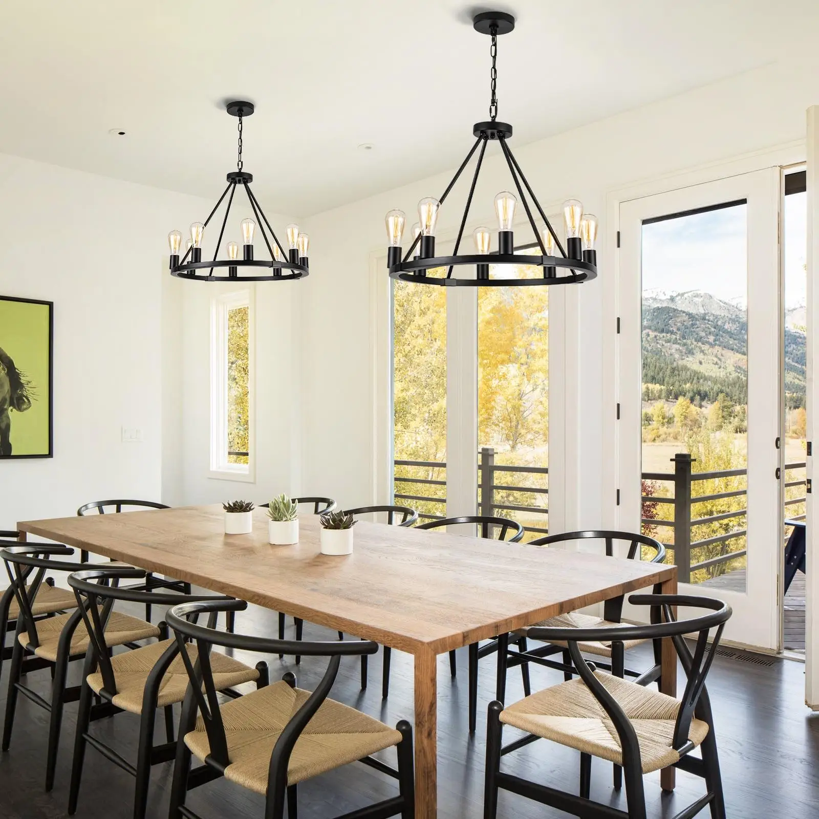 مزرعة الثريا 8-Light الأسود عربة عجلة قلادة ضوء خمر الصناعية عكس الضوء E26 قاعدة لغرفة المعيشة بهو المدخل