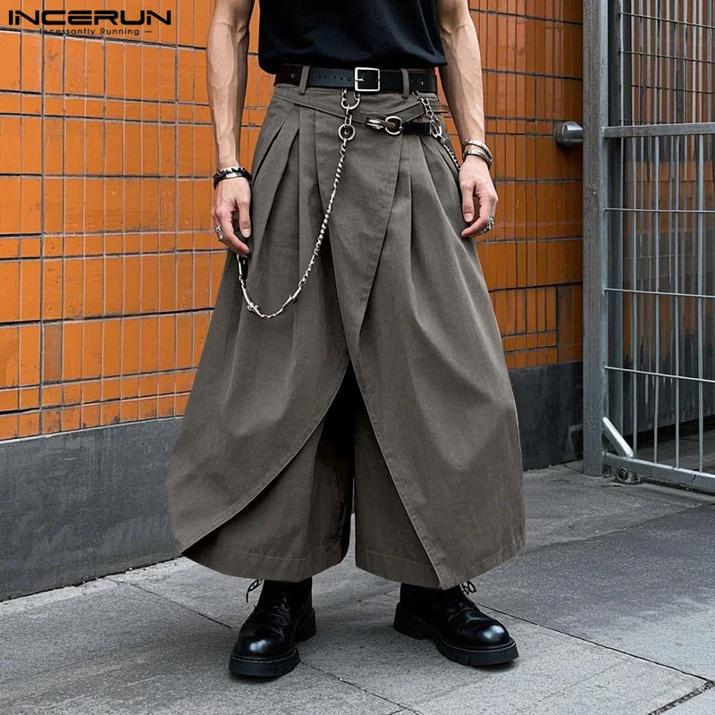 INCERUN الرجال بنطال ذو قصة أرجل واسعة بلون مطوي مرونة الخصر ركض بنطلون الرجال كبيرة الحجم الشارع الشهير موضة السراويل الذكور غير رسمية