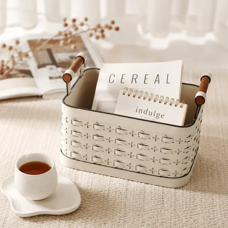 Luxury Leather Storage Basket for Living Room Handwoven Organizer Bin with Handle Household Sundries Container Decorative Box