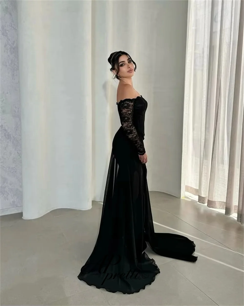 AP pretti Sexy Black Chiffon Off The Shoulder Long Sleeve Mermaid Skirt High Side Slit Evening Dress Formal Evening Gown Custom