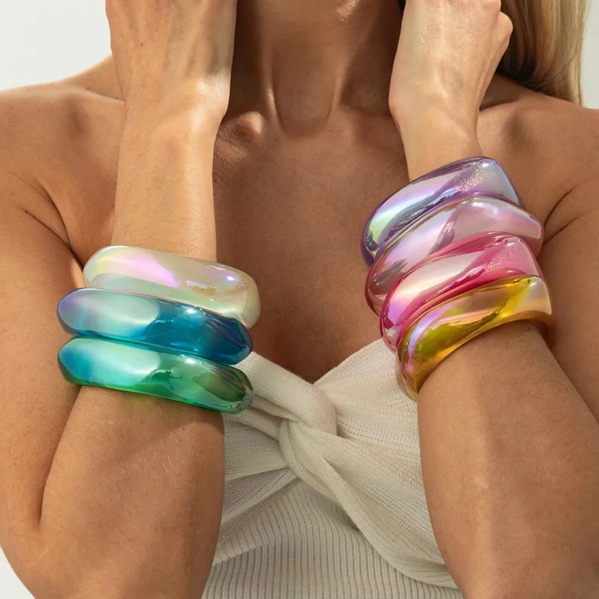 KunJoe Luxury Colourful Chunky Acrylic Wide Bracelets for Women Creative Geometric Irregular Stackable Cuff Bangle Y2K Accessory