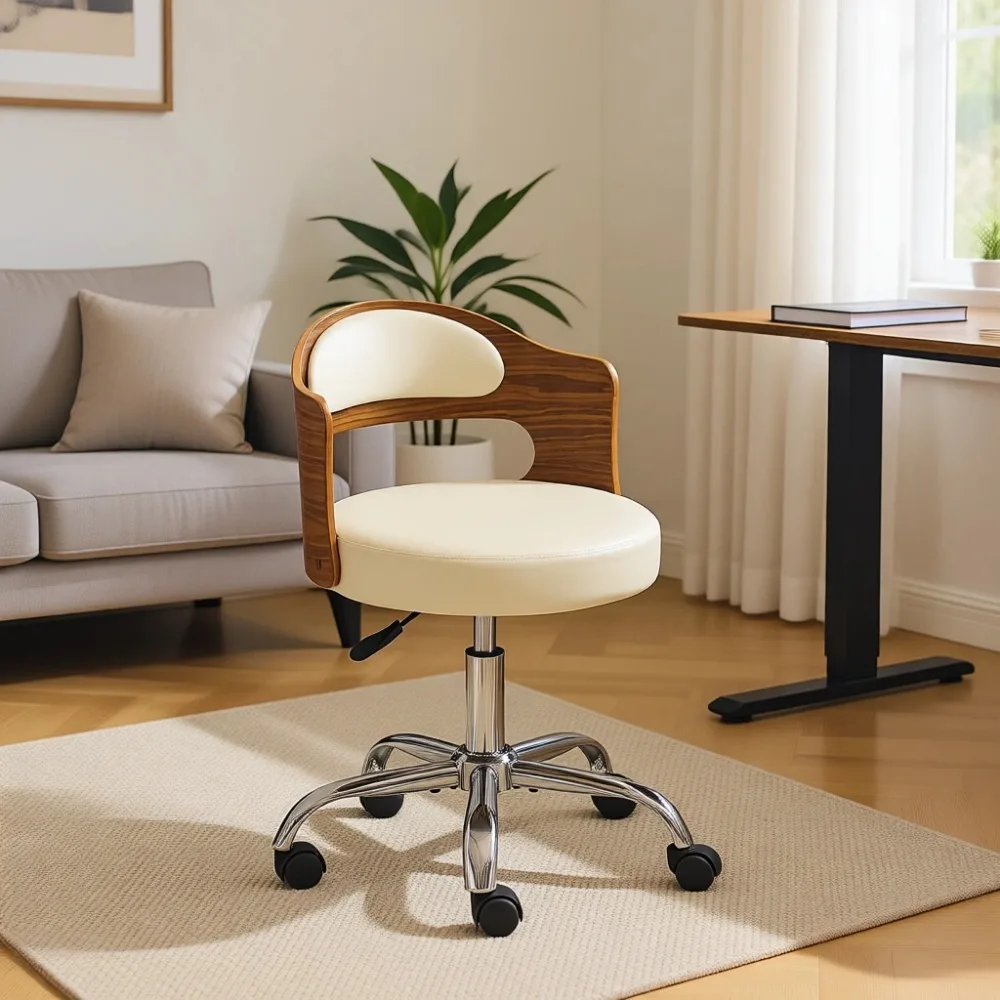Adjustable Swivel Chair, Retro Design, Walnut Curved Task Chair, Cushioned for Workspace, PU Ivory White