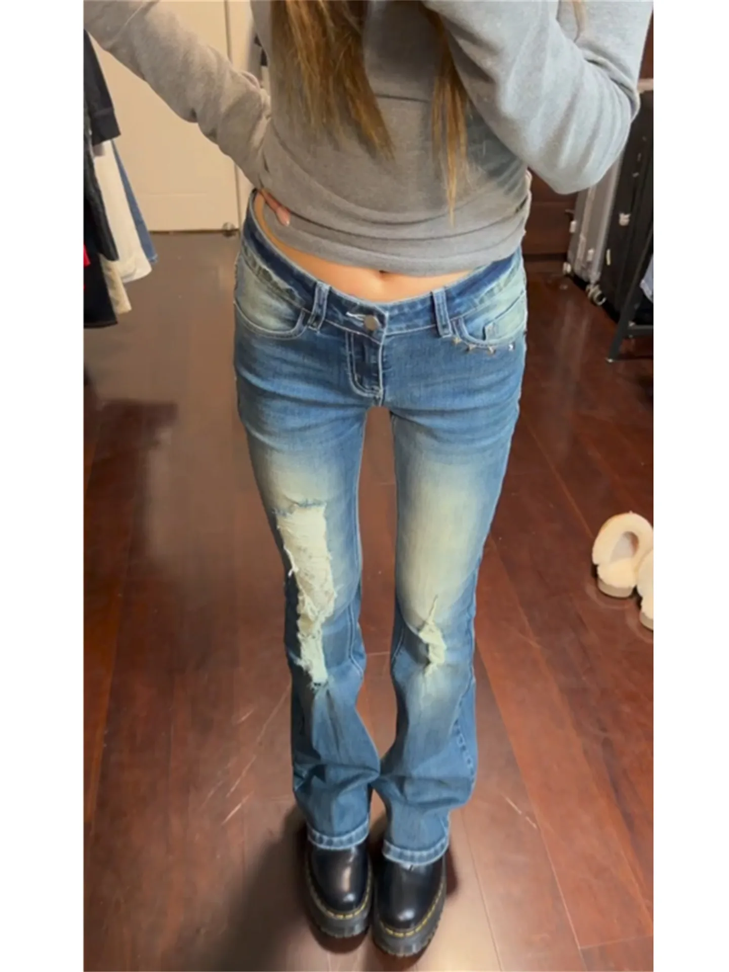 

Extended Length Low Waist Bell Bottom Jeans Women's Summer Slimming Washed Blue Jeans High Waist Micro Flared Denim Shorts