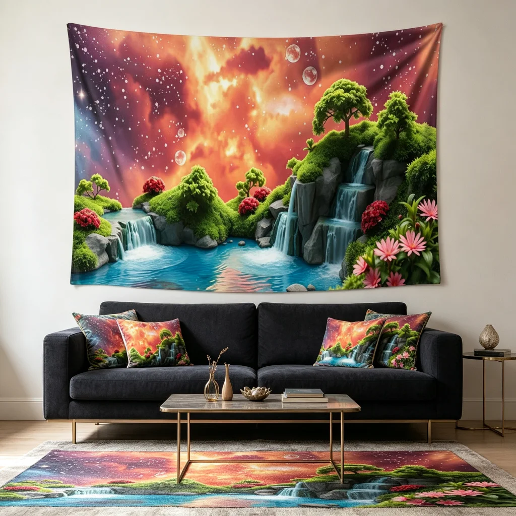 1PC Fantasy Waterfall Lake Art Print Backdrop Banner, Bedroom Living Room Photo Background, Polyester, Home Decor, Wall Art