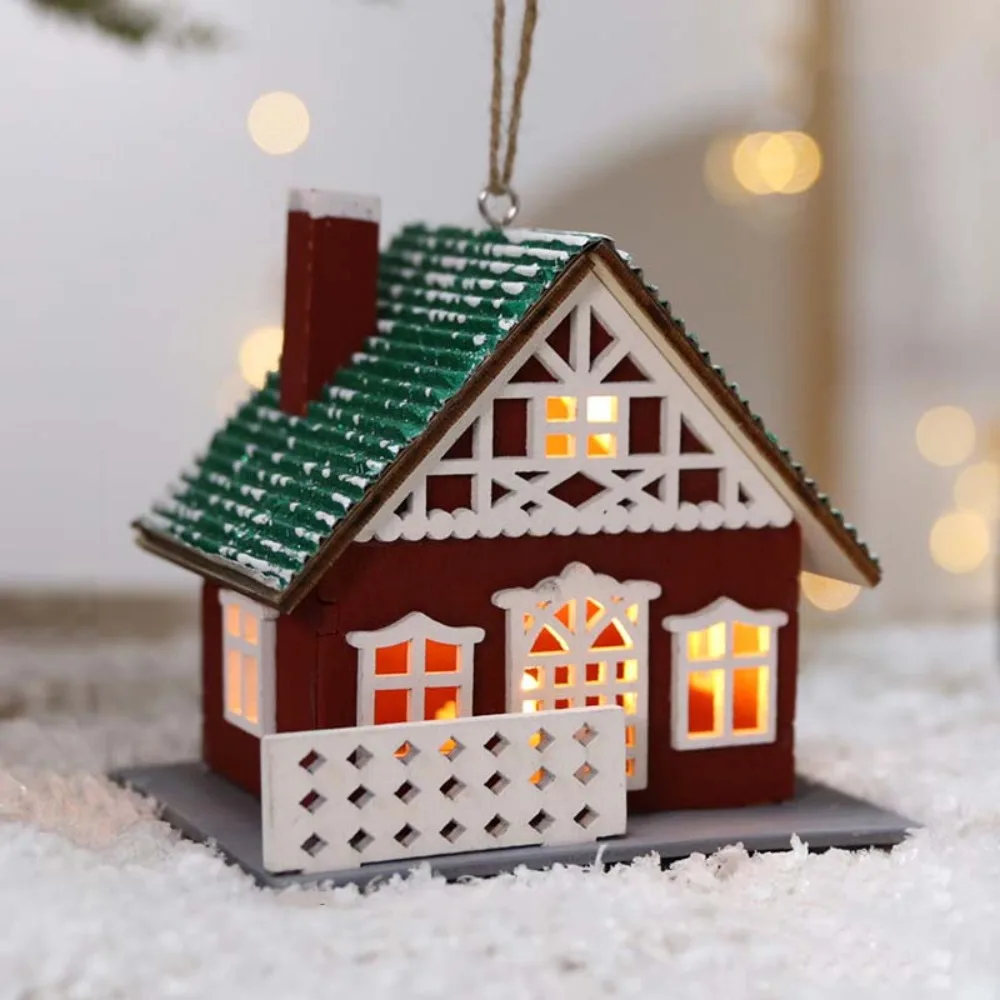 

Luminous Christmas Cabin Ornament Wooden Simulation Christmas Tree House Pendants Modern Style Christmas Village Scene Figurine