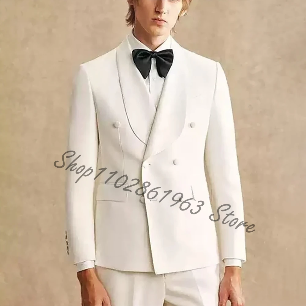 Fashion Men's White Suit Slim Fit Formal Wedding Male Tuxedos Tailor-made Double Breasted Blazer Pants 2 Piece Set Costume Homme