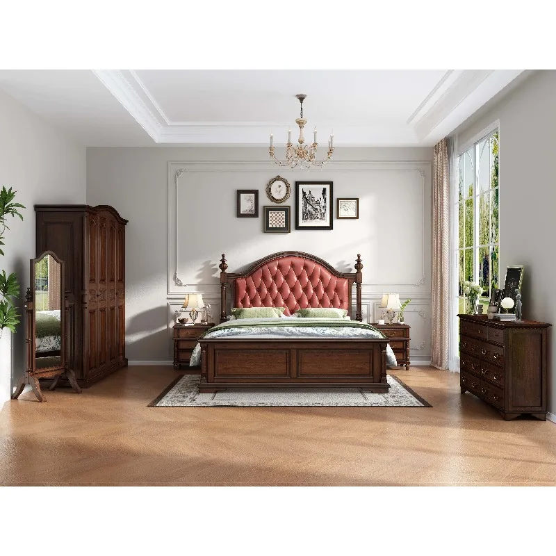American Style Solid Wood Genuine Leather Mahogany Double Bed Wooden Roman Column European Retro Luxury King Size Bed