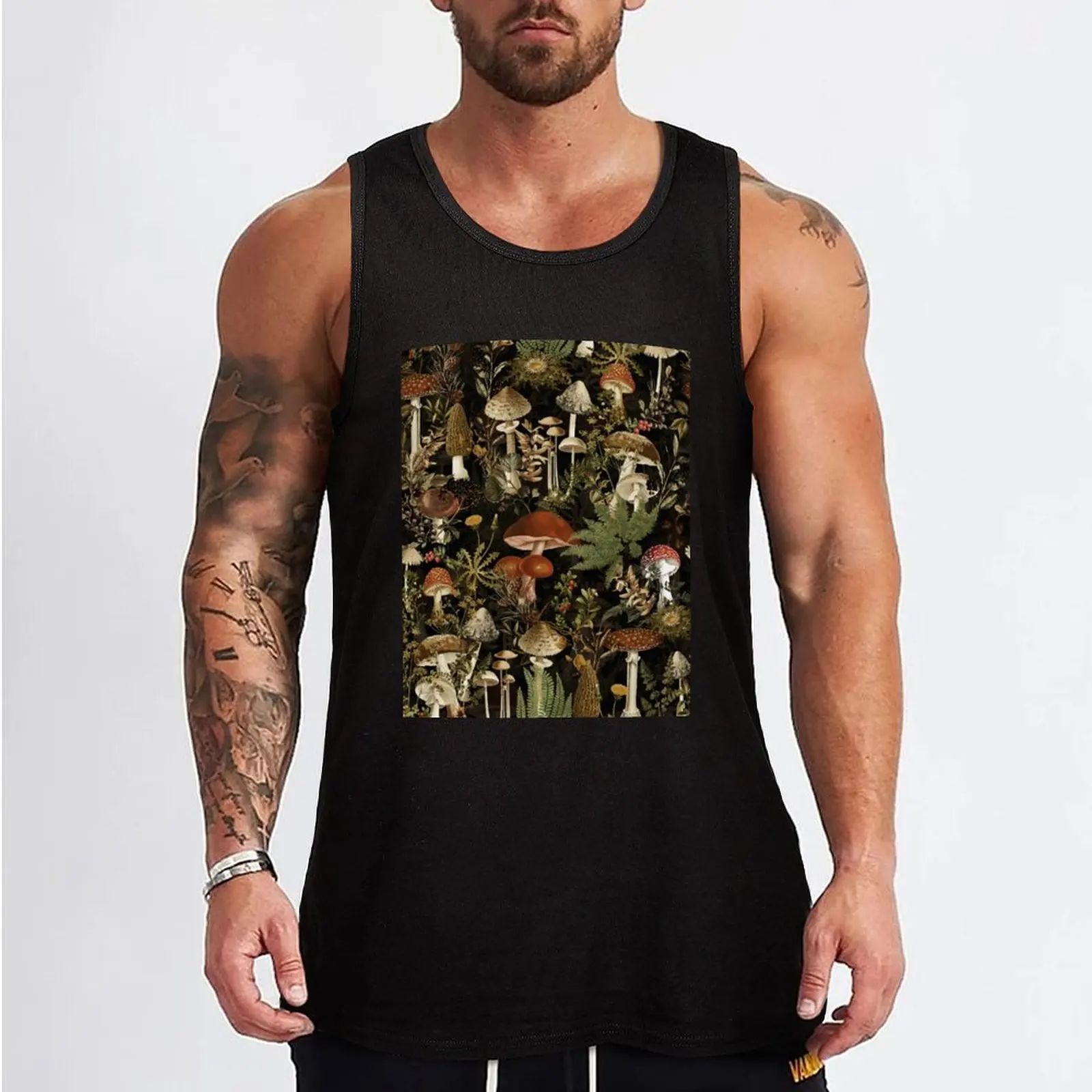 Vintage Midnight Mushrooms Forest Botanical Night Garden Pattern - Black Tank Top t-shirts man t-shirts for men