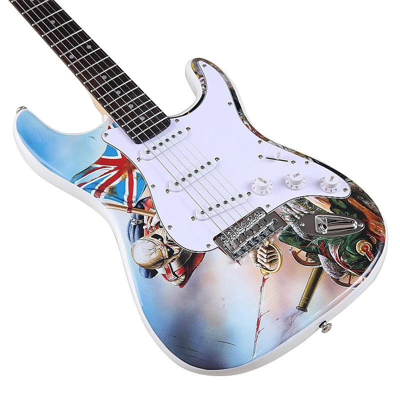 

White Color With Pattern Right Hand 39 Inch 6 String Electric Guitar Basswood Body High Gloss Fast Delivery