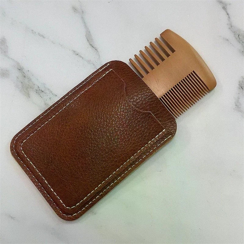 Natural Wood Hair Brush Beard Comb With PU Leather Case Anti-Static Mustache Pocket Comb Brushing Hair Care Tools For Men Gift